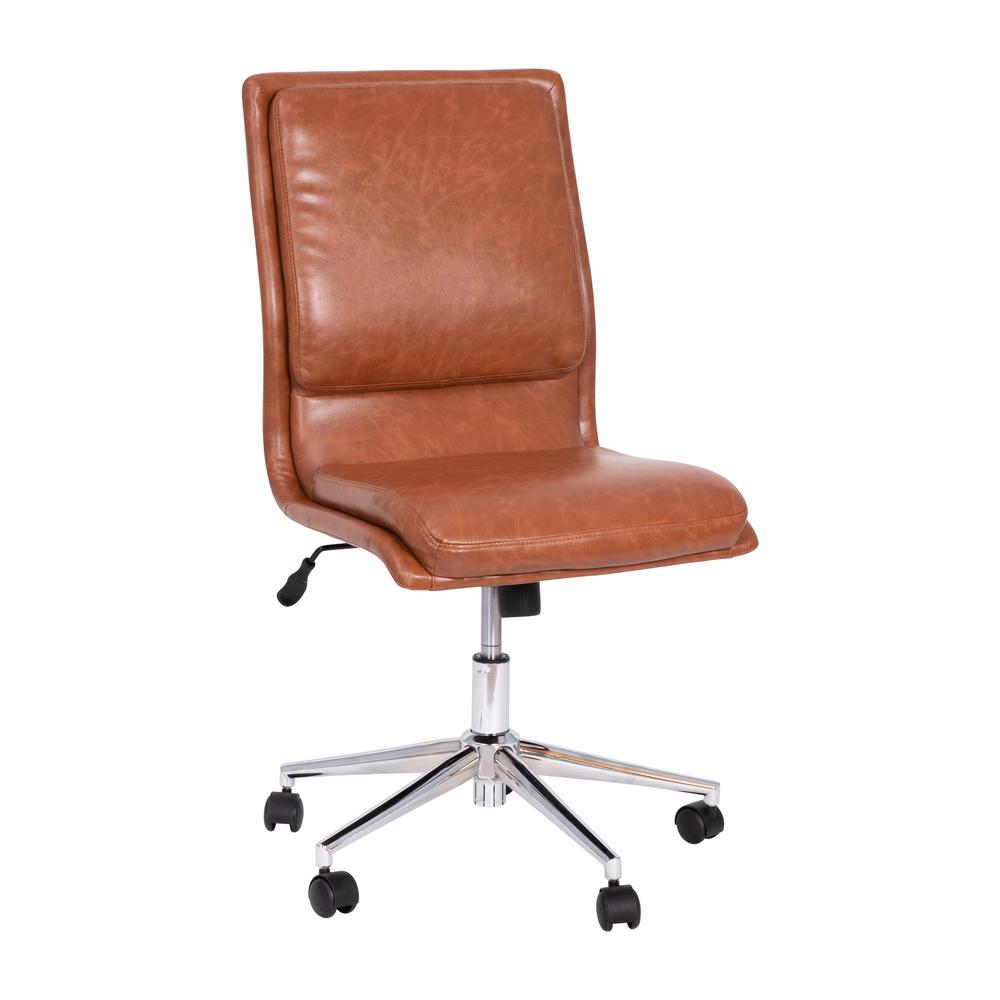 Madigan Mid-Back Armless Swivel Task Office Chair with LeatherSoft and Adjustable Chrome Base, Cognac. Picture 2