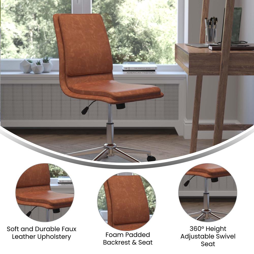 Madigan Mid-Back Armless Swivel Task Office Chair with LeatherSoft and Adjustable Chrome Base, Cognac. Picture 4