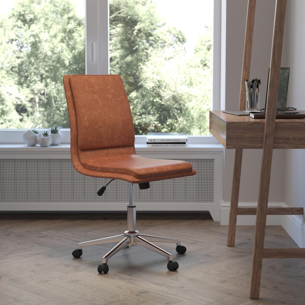 Madigan Mid-Back Armless Swivel Task Office Chair with LeatherSoft and Adjustable Chrome Base, Cognac. Picture 1