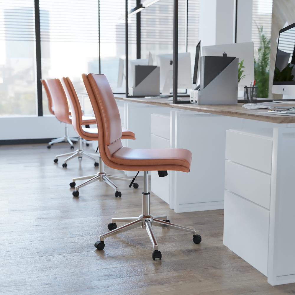 Madigan Mid-Back Armless Swivel Task Office Chair with LeatherSoft and Adjustable Chrome Base, Cognac. Picture 6