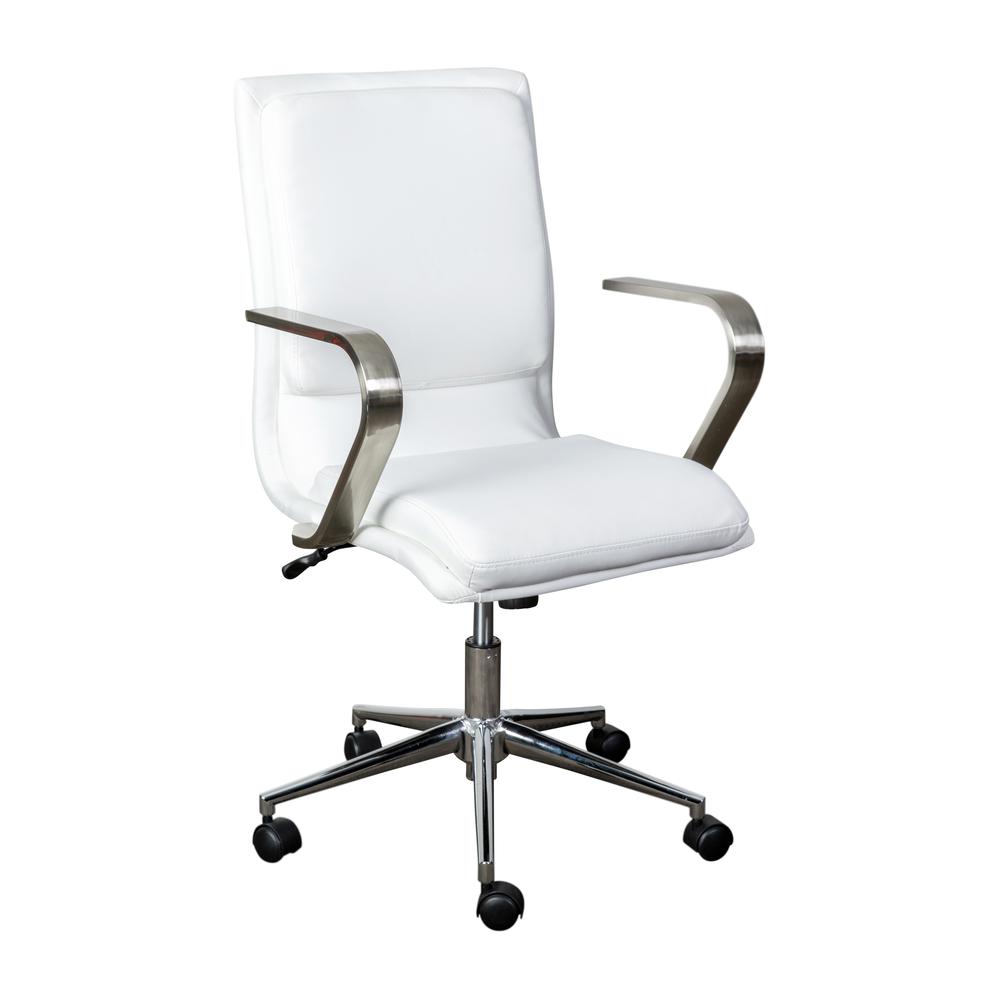 Mid-Back Executive Office Chair with Brushed Chrome Base and Arms, White. Picture 2