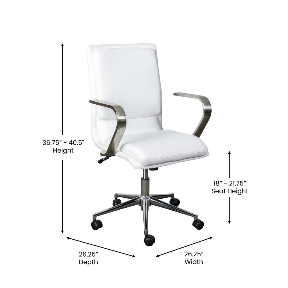 Mid-Back Executive Office Chair with Brushed Chrome Base and Arms, White. Picture 5