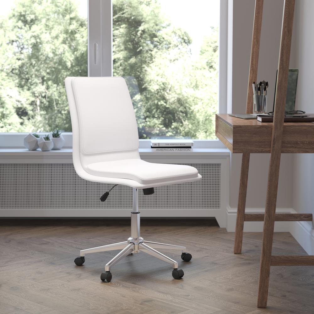 Mid-Back Armless Swivel Task Office Chair with and Adjustable Chrome Base, White. Picture 1