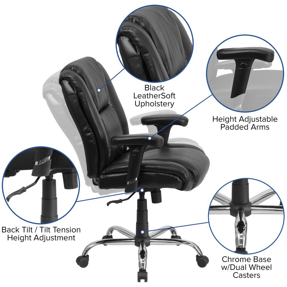 Big & Tall 400 lb. Rated Black LeatherSoft Ergonomic Task Office Chair with Chrome Base and Adjustable Arms. Picture 6