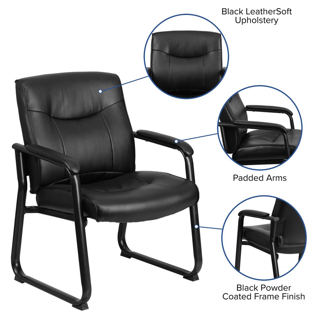 Big & Tall 500 lb. Rated Black LeatherSoft Executive Side Reception Chair with Clean Line Stitching and Sled Base. Picture 6