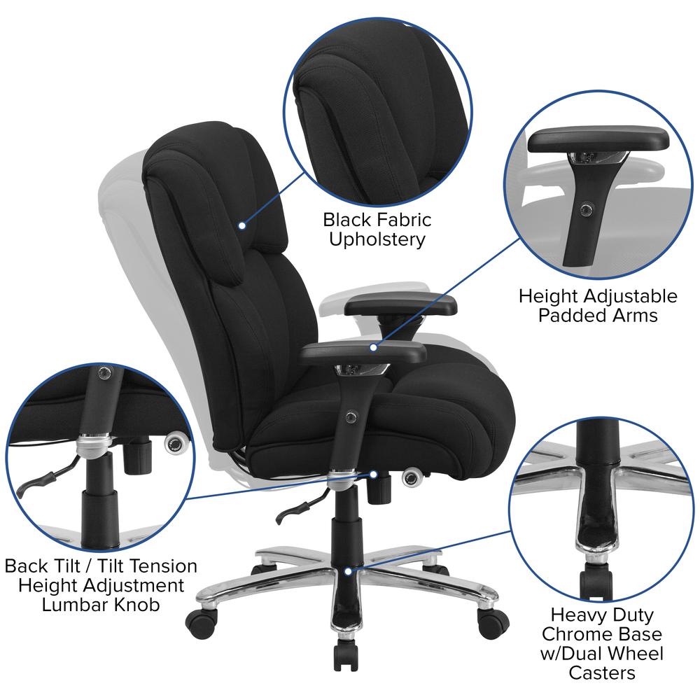 24/7 Intensive Use Big & Tall 400 lb. Rated High Back Black Fabric Executive Ergonomic Office Chair with Lumbar Knob and Tufted Headrest & Back. Picture 6