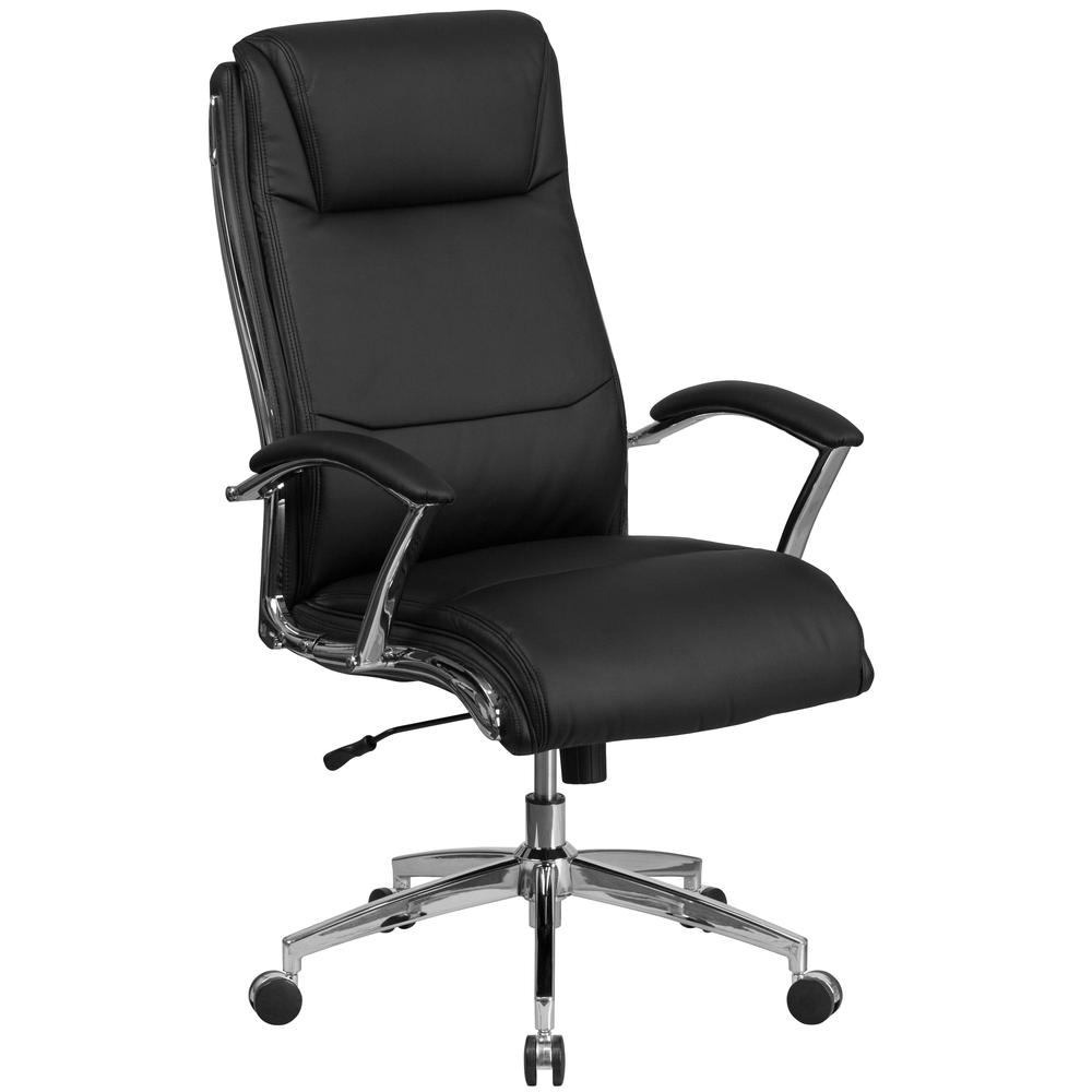 High Back Designer Black LeatherSoft Smooth Upholstered Executive Swivel Office Chair with Chrome Base and Arms. Picture 1