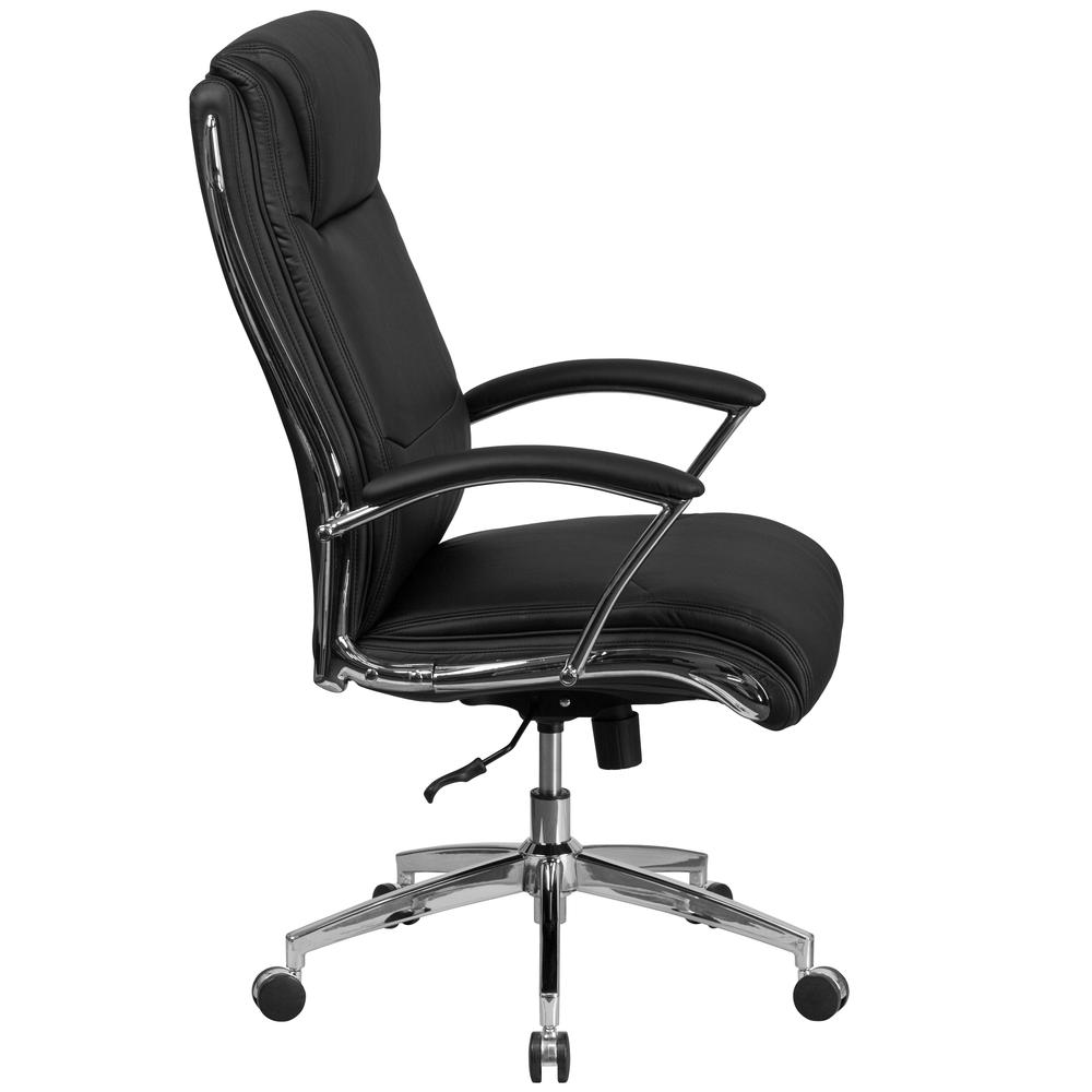 High Back Designer Black LeatherSoft Smooth Upholstered Executive Swivel Office Chair with Chrome Base and Arms. Picture 2