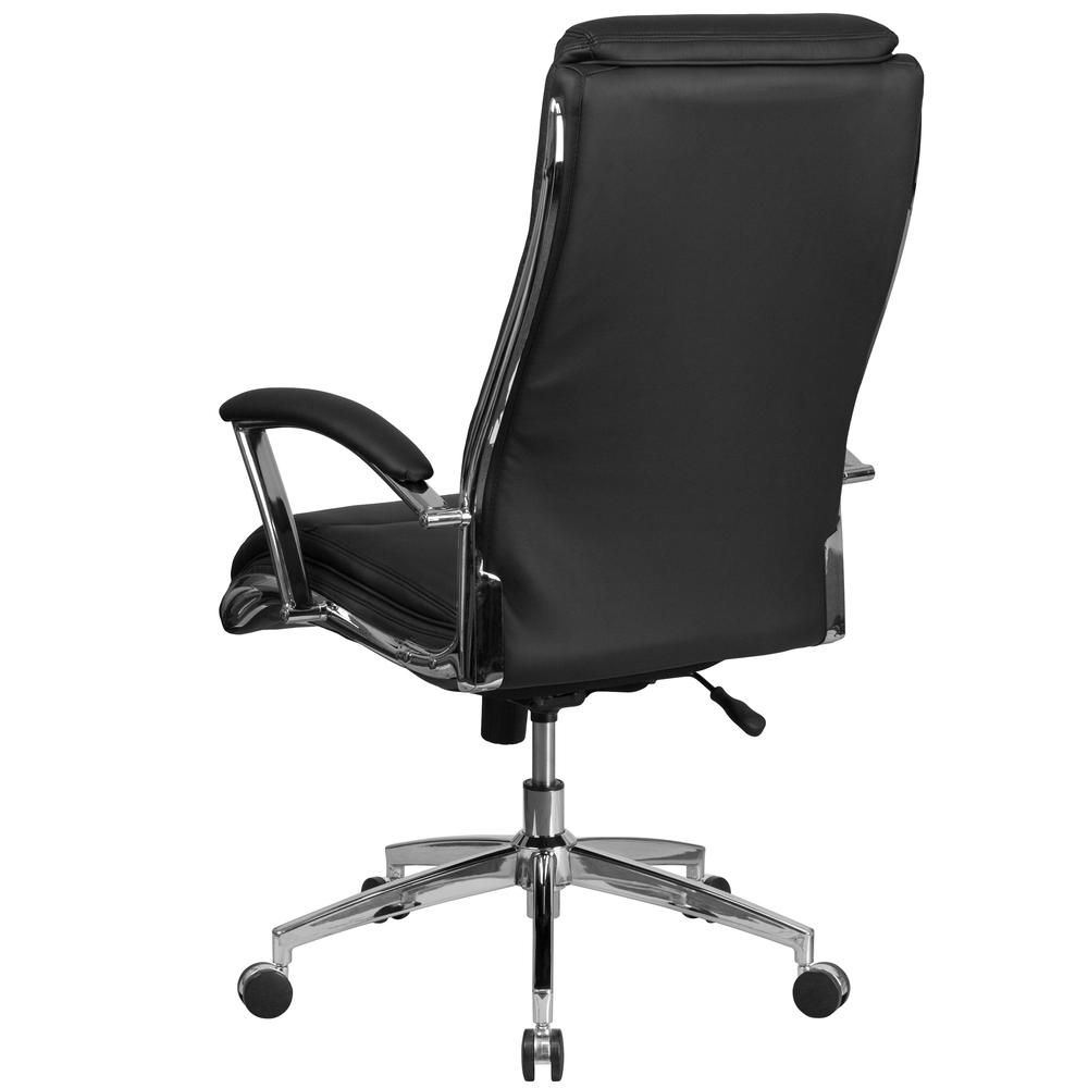 High Back Designer Black LeatherSoft Smooth Upholstered Executive Swivel Office Chair with Chrome Base and Arms. Picture 3