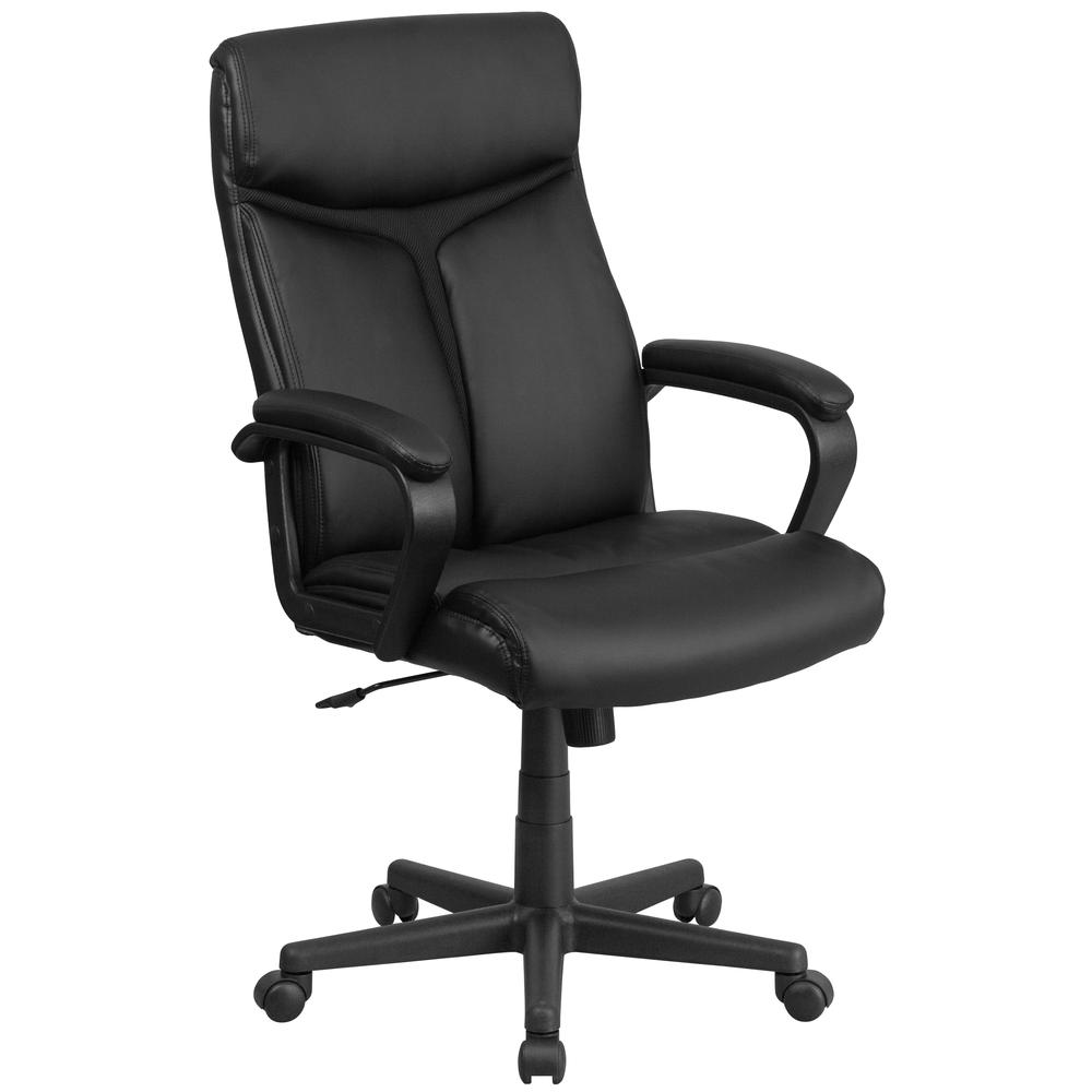 High Back Black LeatherSoft Executive Swivel Office Chair with Slight Mesh Accent and Arms. Picture 1