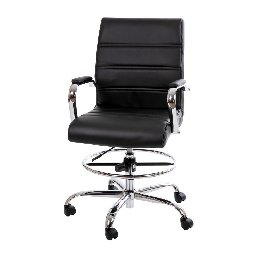 Mid-Back Black LeatherSoft Drafting Chair with Adjustable Foot Ring and Chrome Base. Picture 2