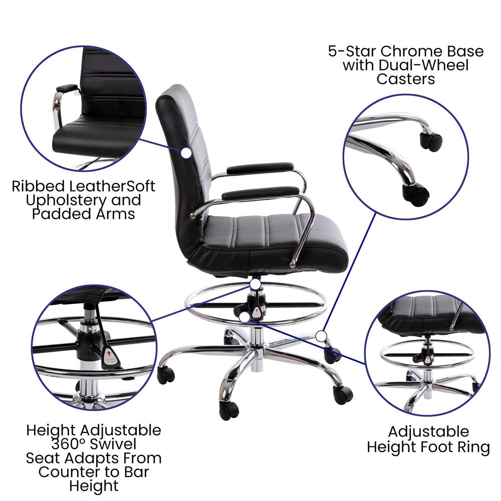 Mid-Back Black LeatherSoft Drafting Chair with Adjustable Foot Ring and Chrome Base. Picture 3
