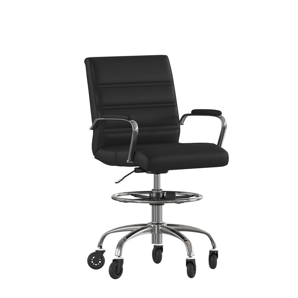Mid-Back Black Drafting Chair with Adjustable Foot Ring, Chrome Base,. Picture 2