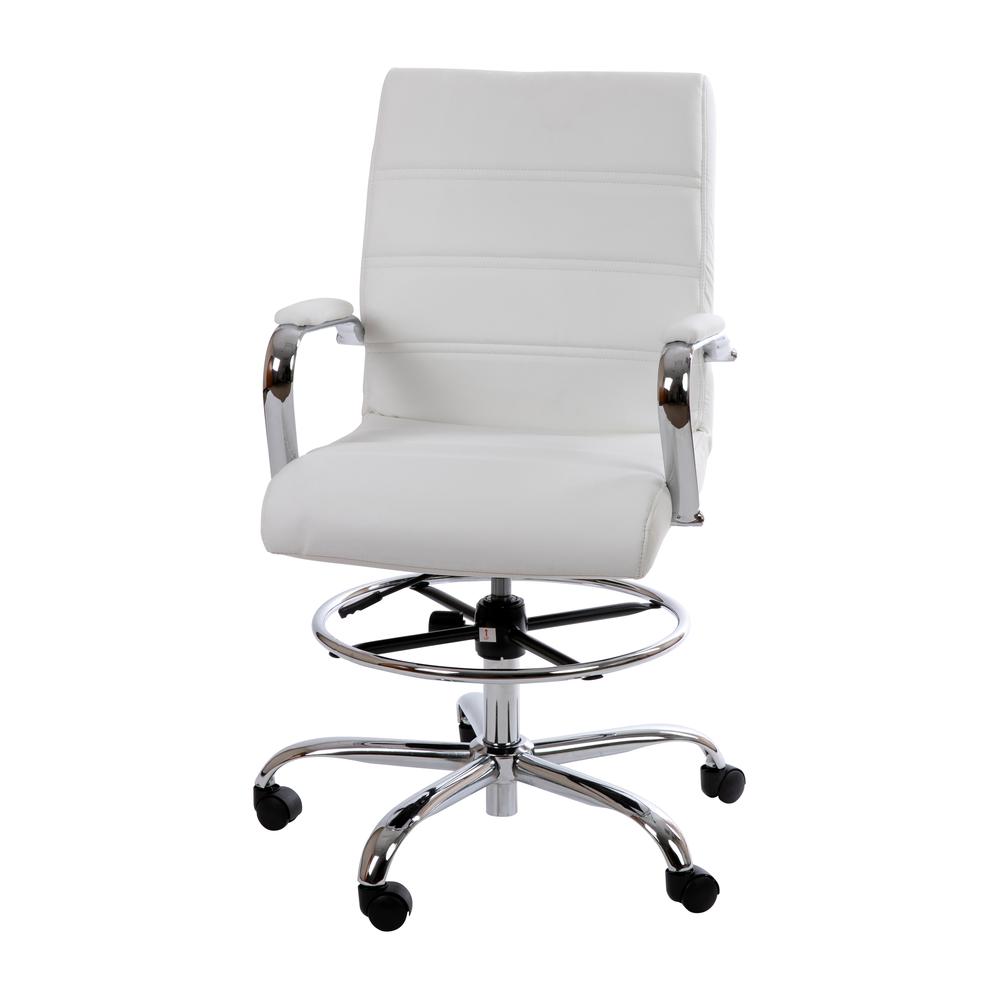 Mid-Back White LeatherSoft Drafting Chair with Adjustable Foot Ring and Chrome Base. Picture 2