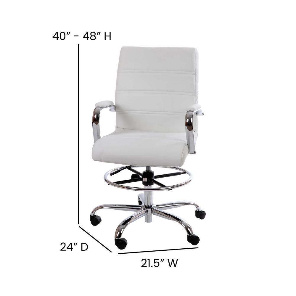 Mid-Back White LeatherSoft Drafting Chair with Adjustable Foot Ring and Chrome Base. Picture 4