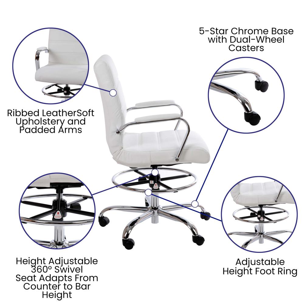 Mid-Back White LeatherSoft Drafting Chair with Adjustable Foot Ring and Chrome Base. Picture 3