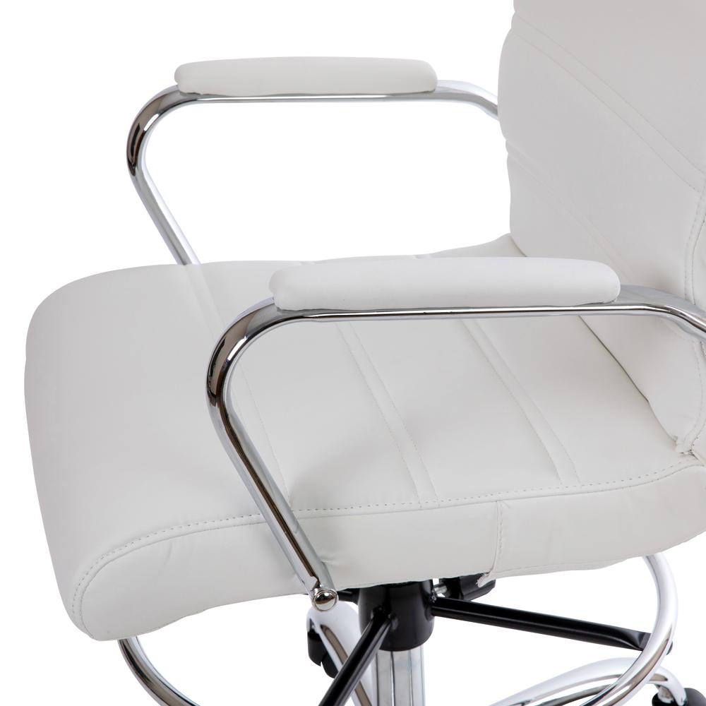 Mid-Back White LeatherSoft Drafting Chair with Adjustable Foot Ring and Chrome Base. Picture 6