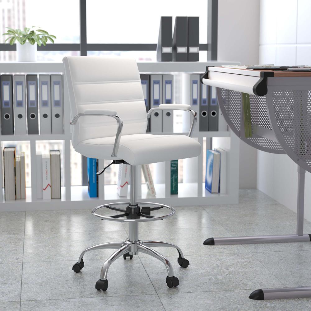Mid-Back White LeatherSoft Drafting Chair with Adjustable Foot Ring and Chrome Base. Picture 1