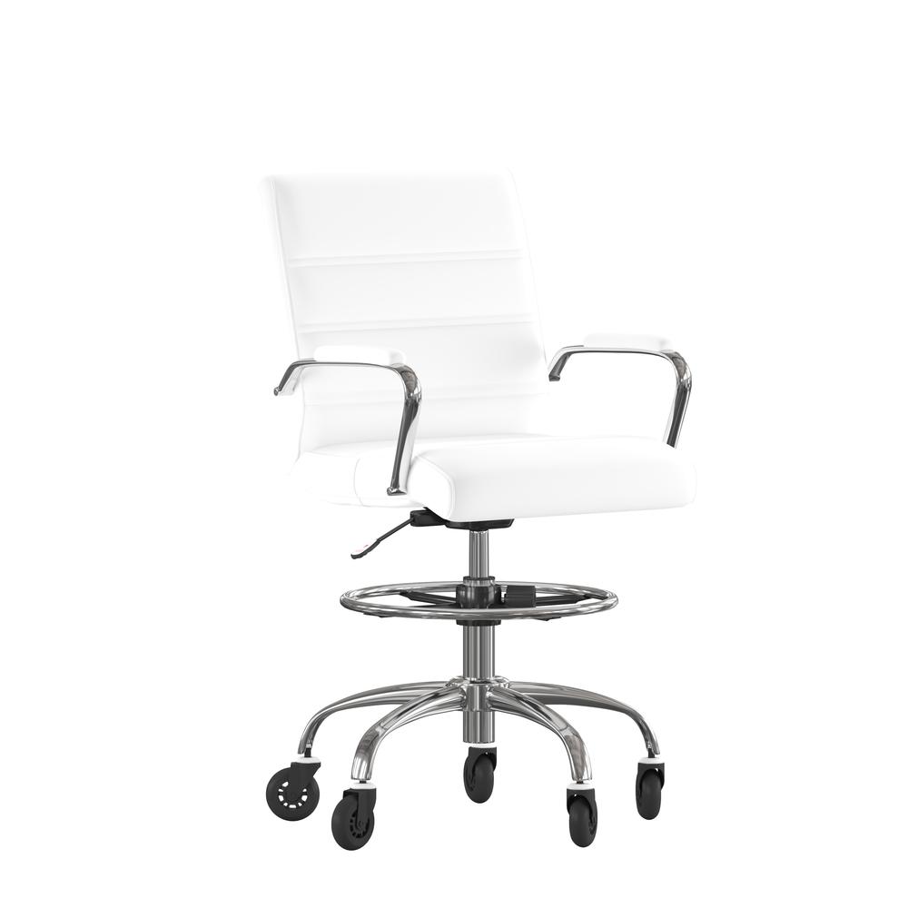 Mid-Back White Drafting Chair with Adjustable Foot Ring, Chrome Base,. Picture 2