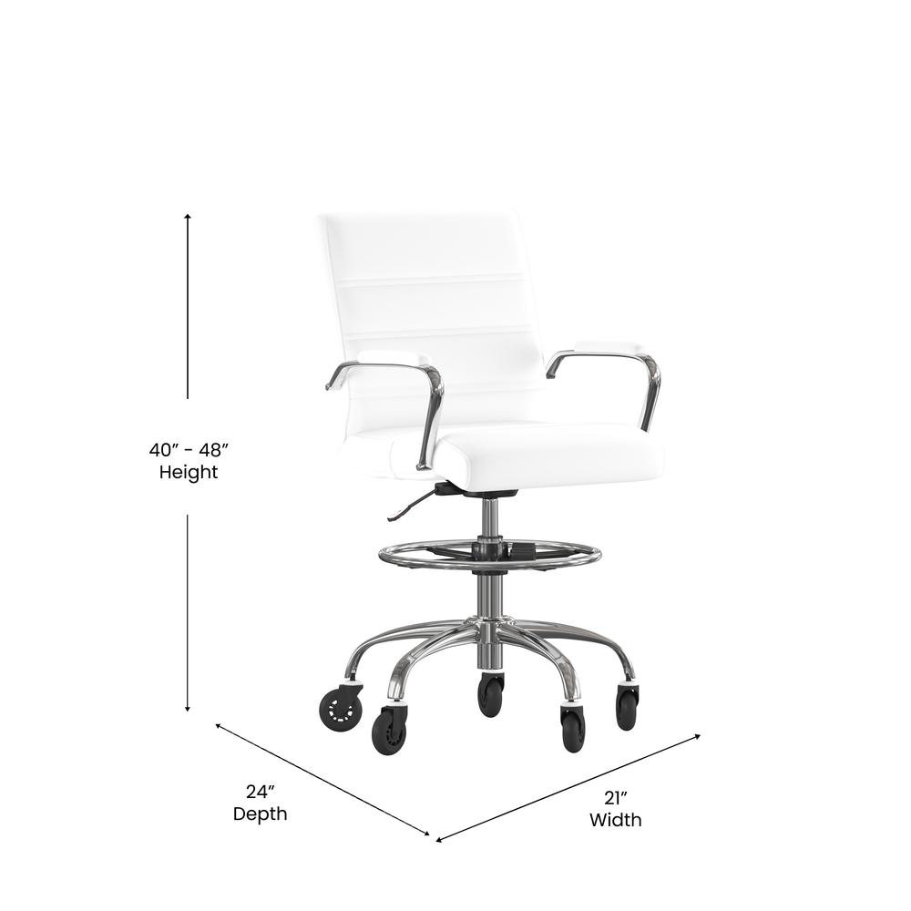 Mid-Back White Drafting Chair with Adjustable Foot Ring, Chrome Base,. Picture 5