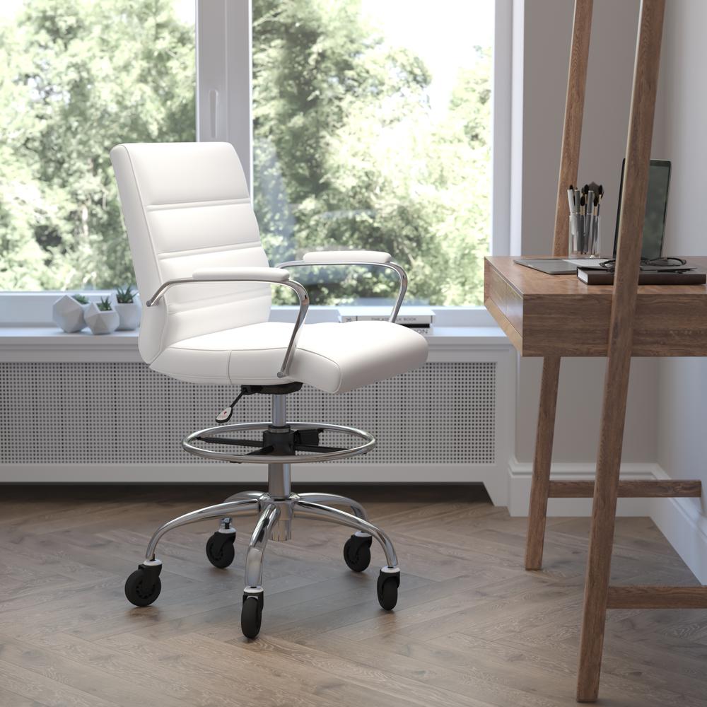 Mid-Back White Drafting Chair with Adjustable Foot Ring, Chrome Base,. Picture 1