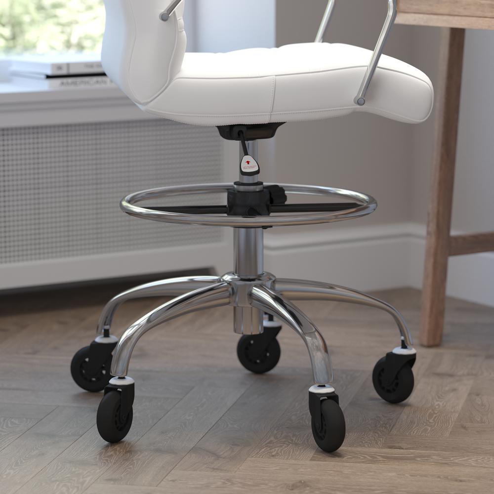 Mid-Back White Drafting Chair with Adjustable Foot Ring, Chrome Base,. Picture 7
