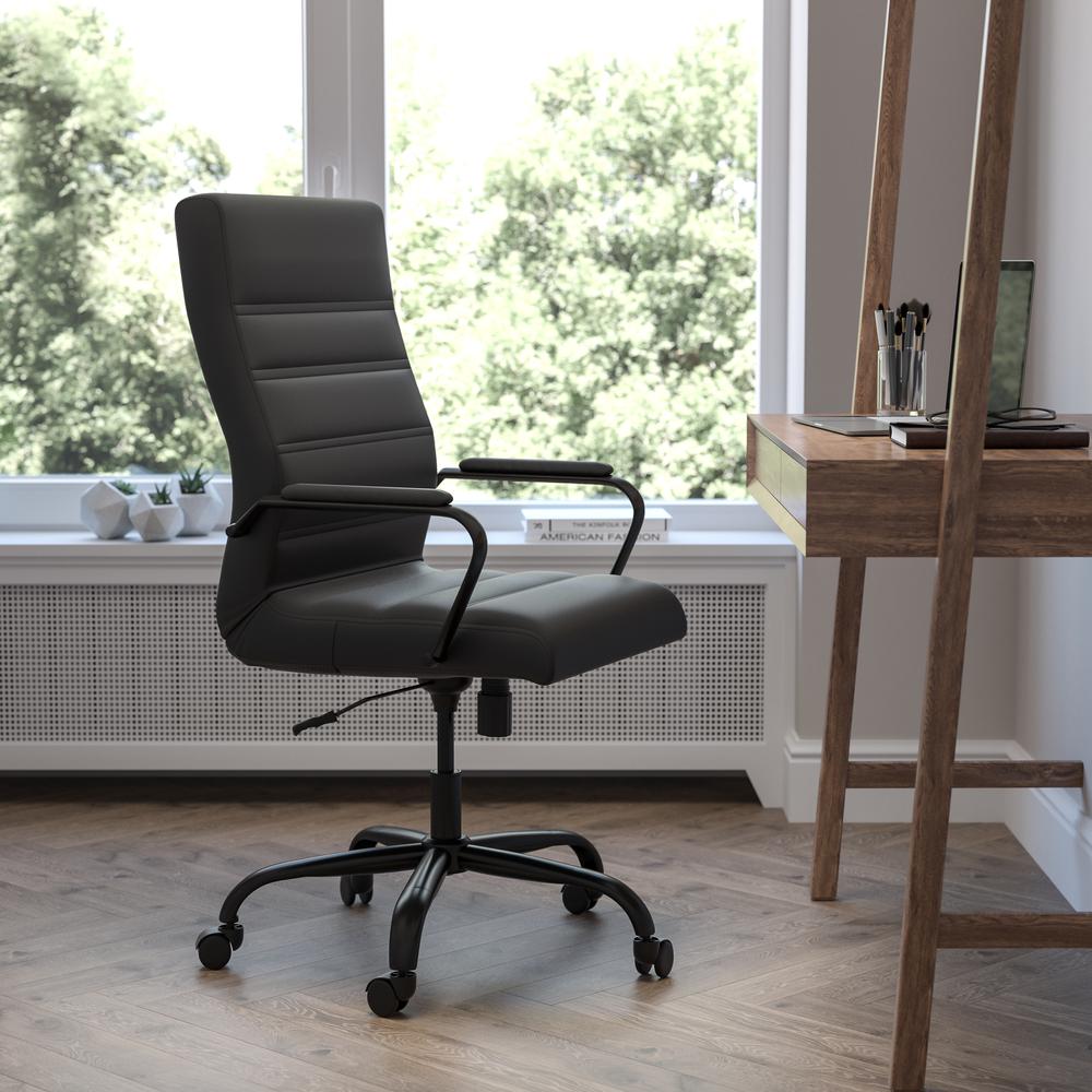 High Back Black LeatherSoft Executive Swivel Office Chair with Black Frame and Arms. Picture 1