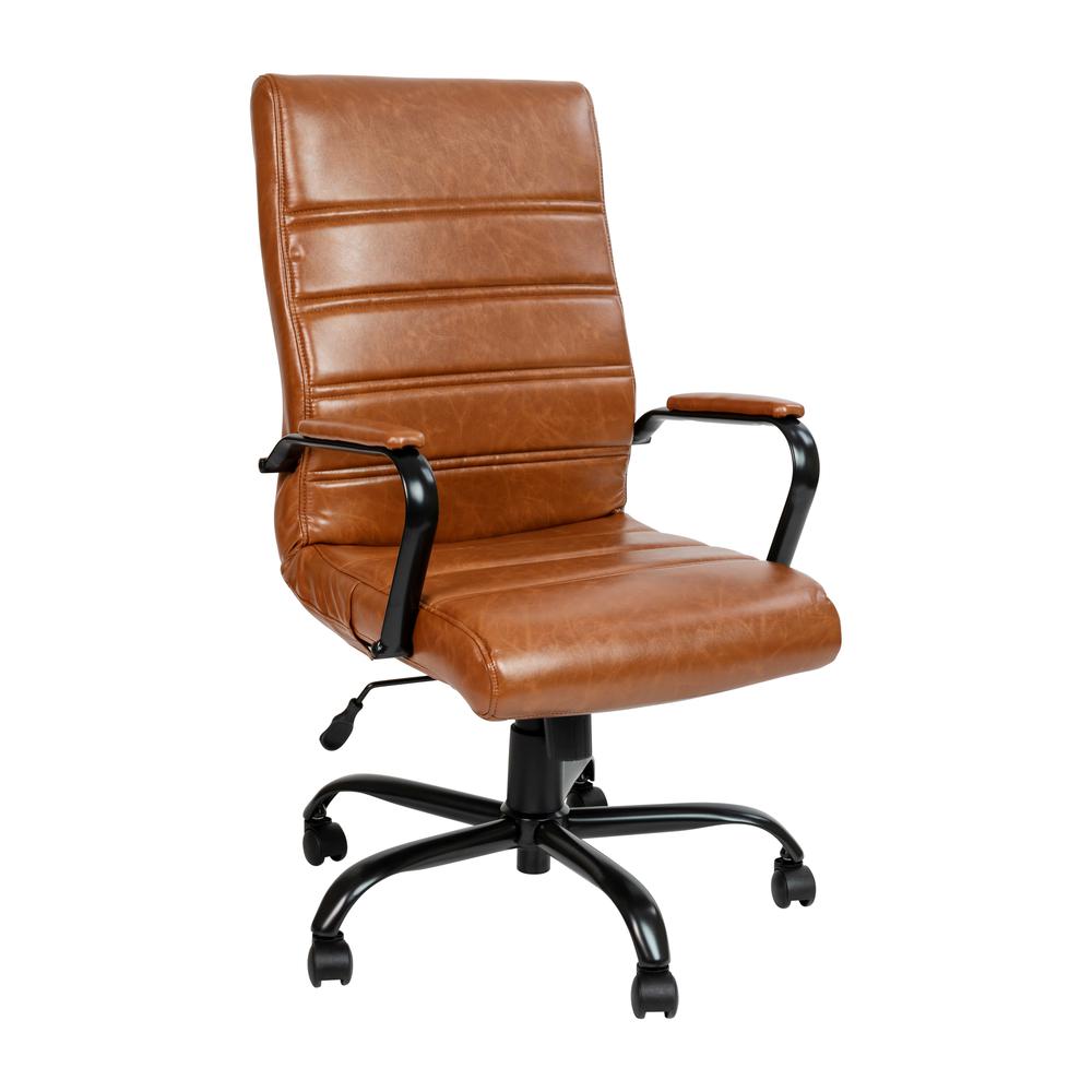 High Back Brown Executive Swivel Office Chair with Black Frame and Arms. Picture 2