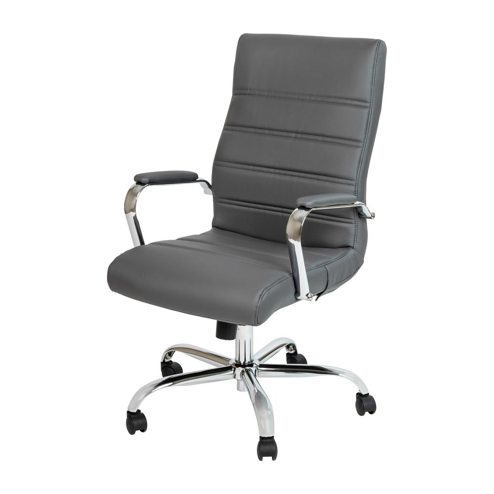 High Back Gray LeatherSoft Executive Swivel Office Chair with Chrome Frame and Arms. Picture 2