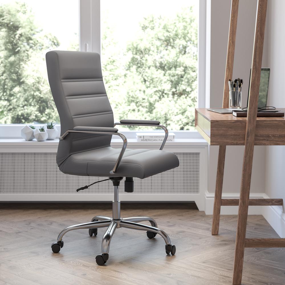 High Back Gray LeatherSoft Executive Swivel Office Chair with Chrome Frame and Arms. Picture 1