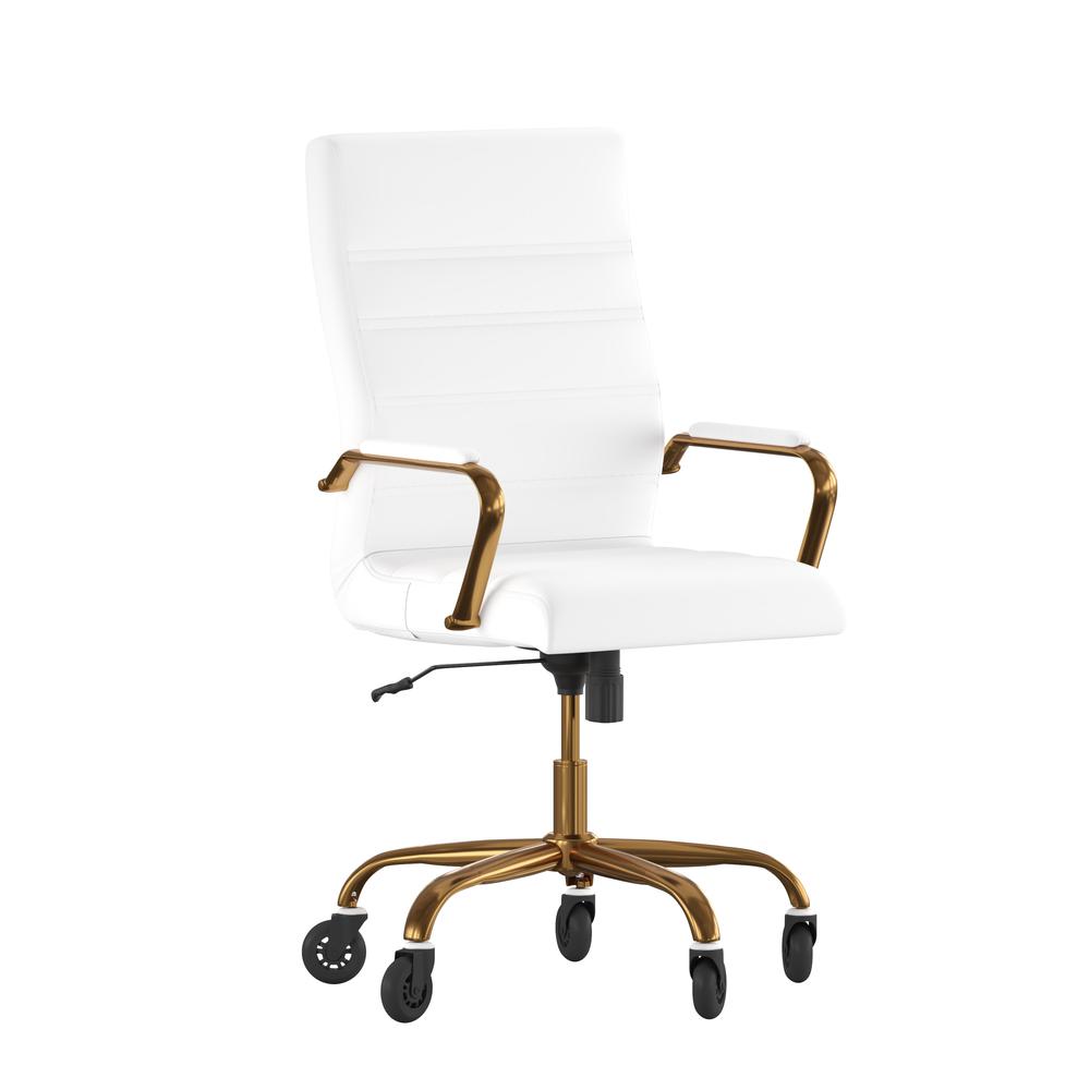 High Back White Executive Swivel Office Chair with Gold Frame, Arms,. Picture 2