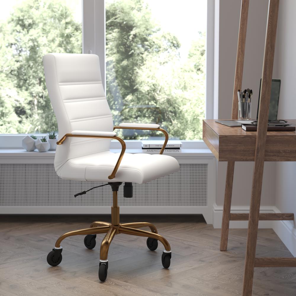 High Back White Executive Swivel Office Chair with Gold Frame, Arms,. Picture 1