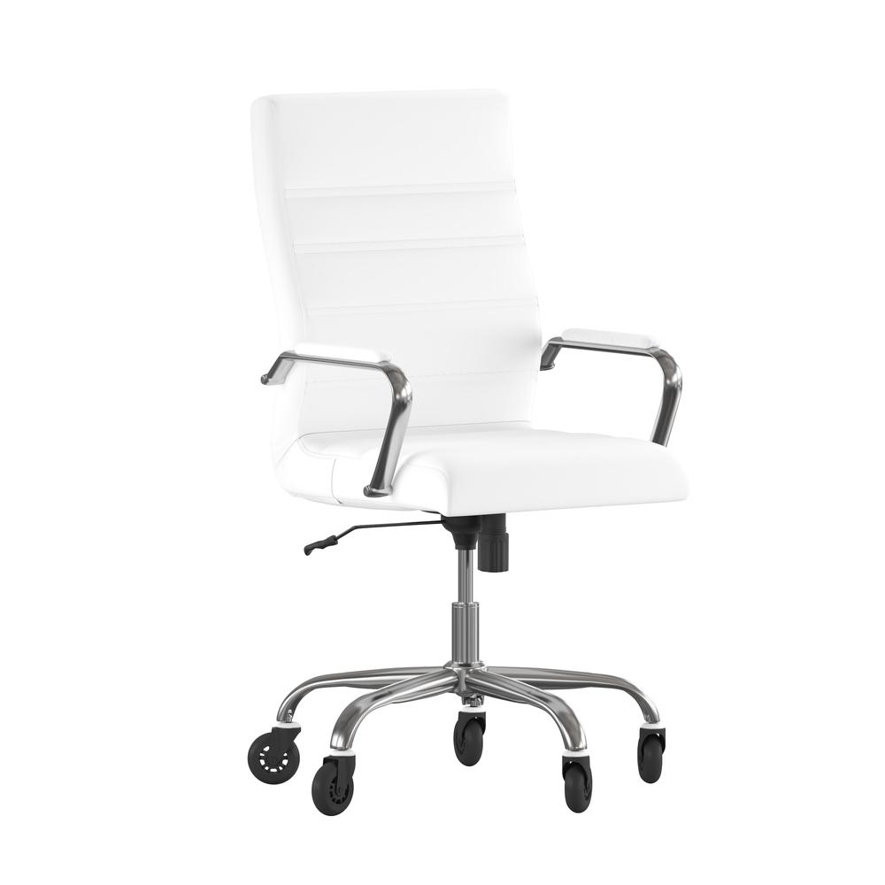 High Back White Executive Swivel Office Chair with Chrome Frame, Arms,. Picture 2