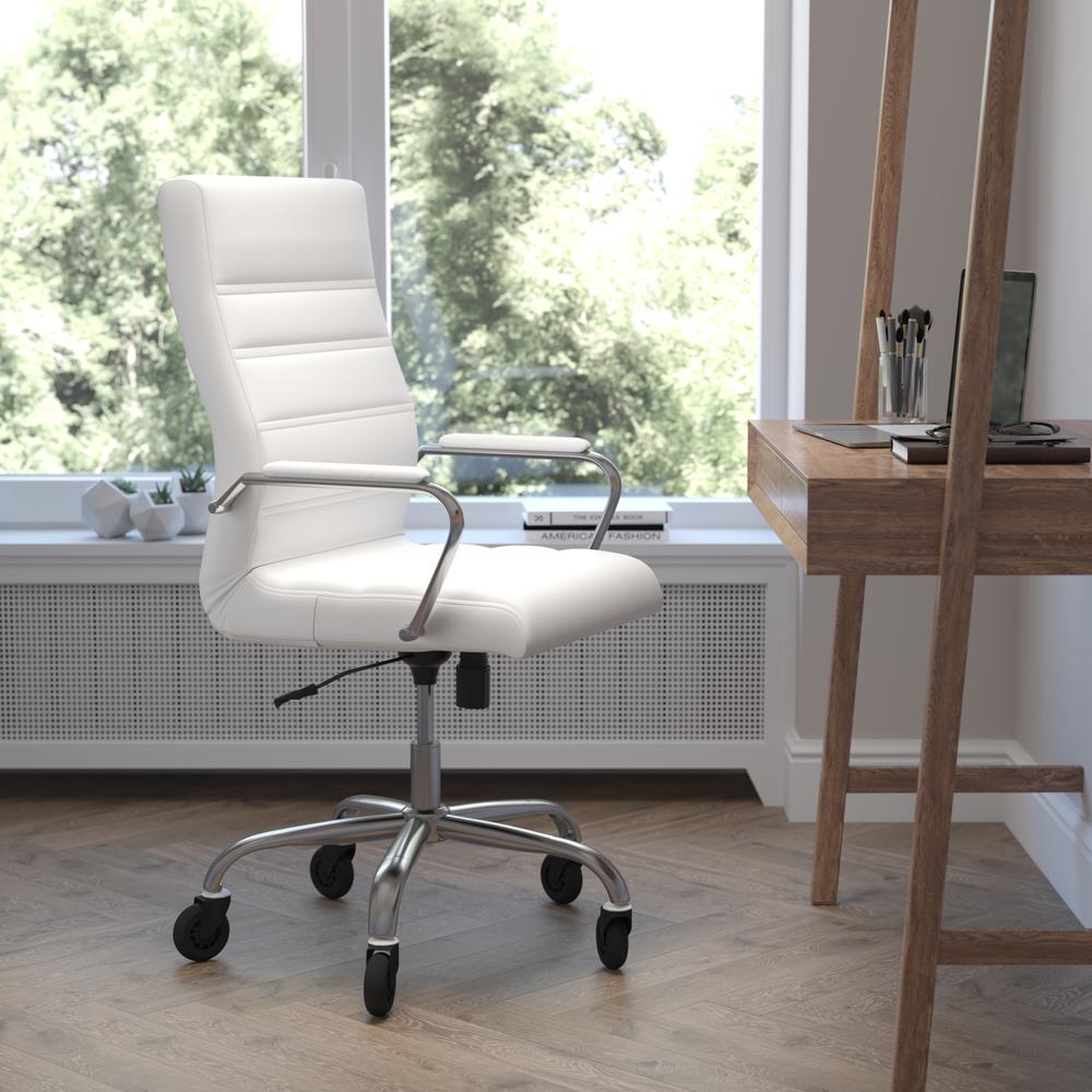 High Back White Executive Swivel Office Chair with Chrome Frame, Arms,. Picture 1