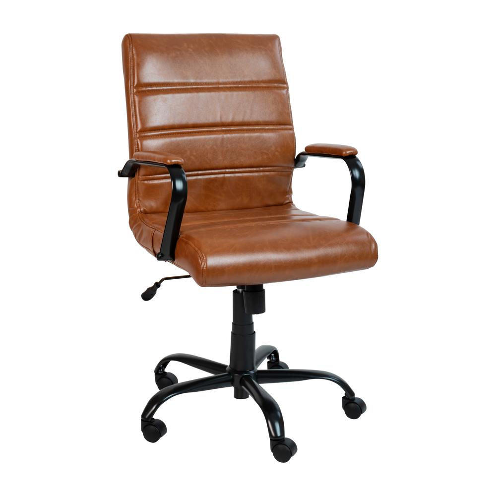 Mid-Back Brown LeatherSoft Executive Swivel Office Chair with Black Frame and Arms. Picture 2