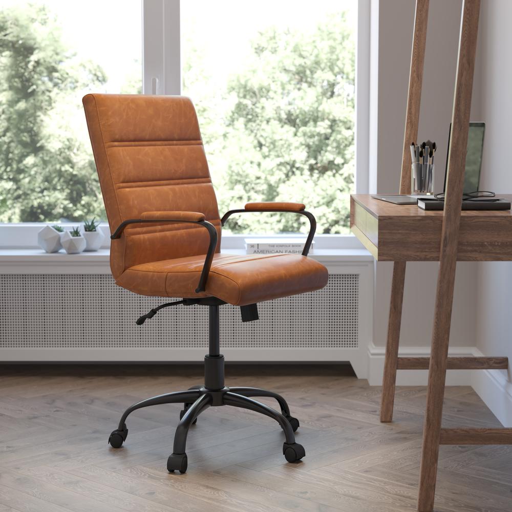 Mid-Back Brown LeatherSoft Executive Swivel Office Chair with Black Frame and Arms. The main picture.