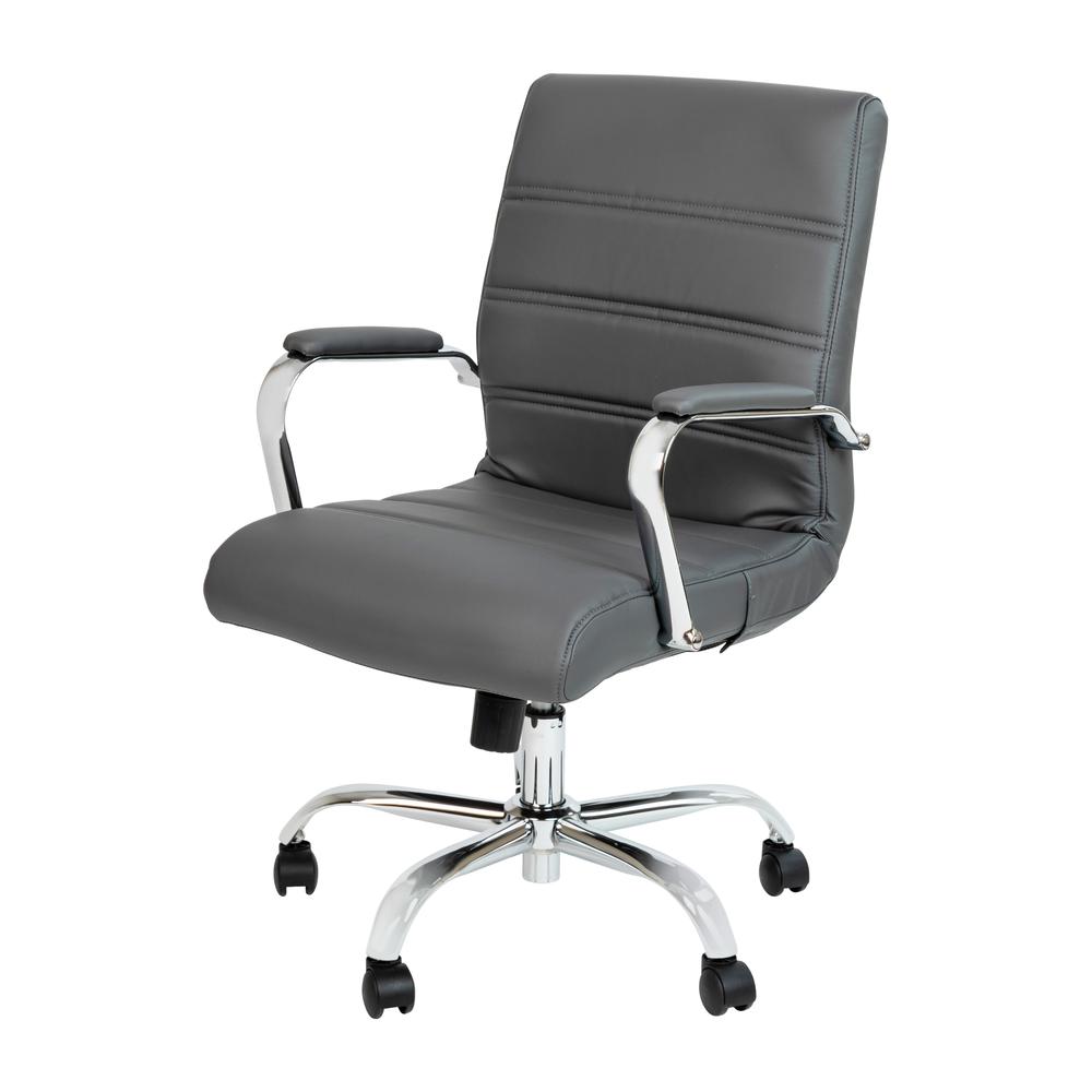 Mid-Back Gray LeatherSoft Executive Swivel Office Chair with Chrome Frame and Arms. Picture 2