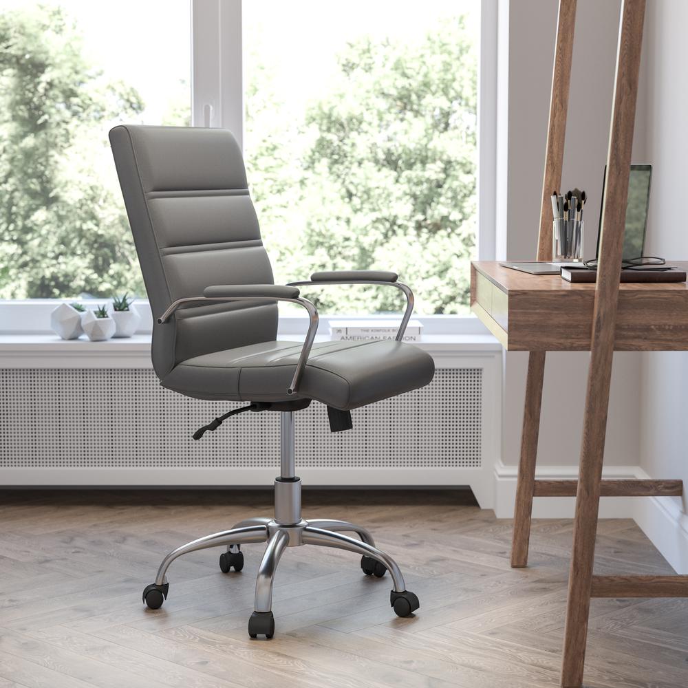 Mid-Back Gray LeatherSoft Executive Swivel Office Chair with Chrome Frame and Arms. The main picture.