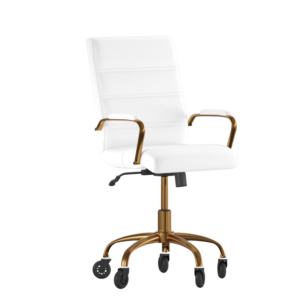 Mid-Back White Executive Swivel Office Chair with Gold Frame, Arms,. Picture 2