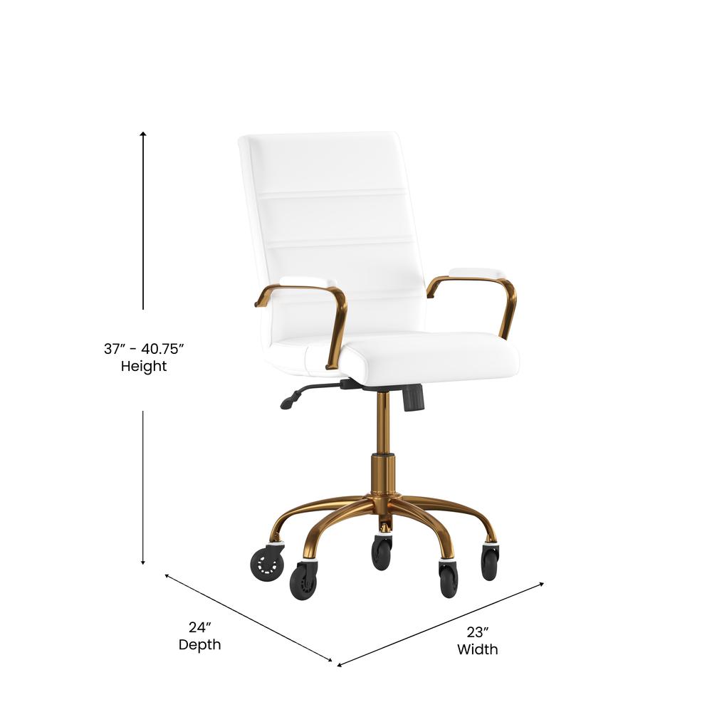 Mid-Back White Executive Swivel Office Chair with Gold Frame, Arms,. Picture 5