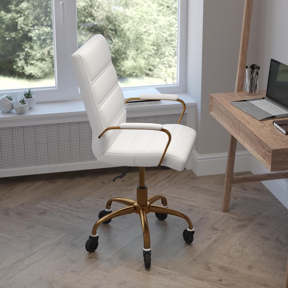 Mid-Back White Executive Swivel Office Chair with Gold Frame, Arms,. Picture 6