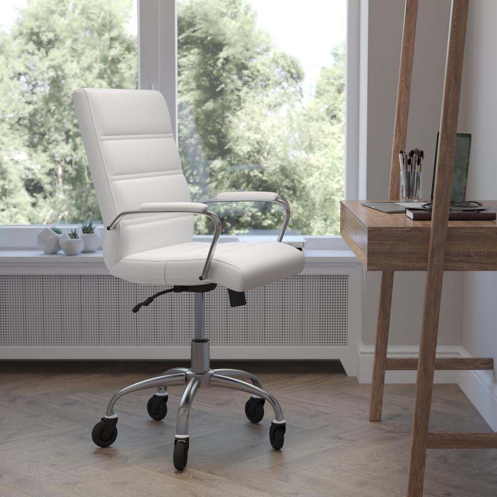 Mid-Back White Executive Swivel Office Chair with Chrome Frame, Arms,. Picture 1