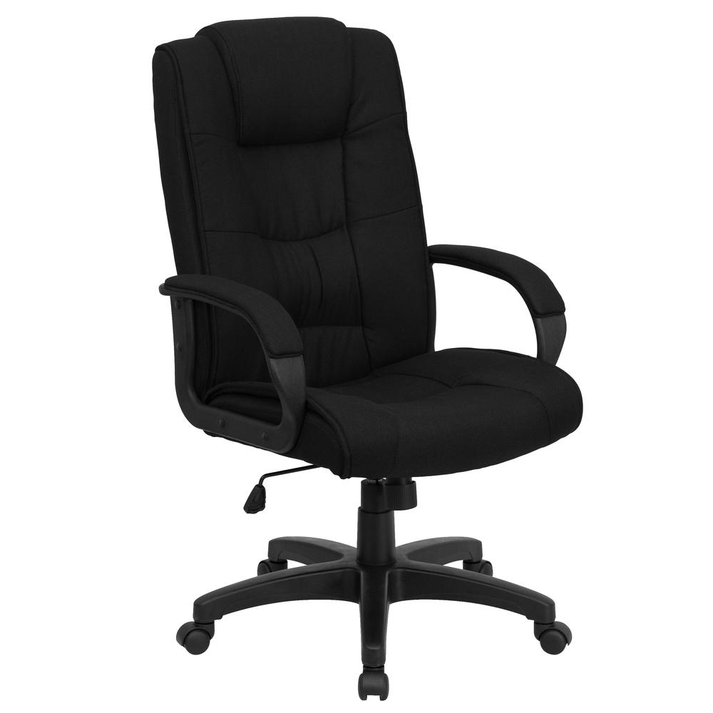 High Back Black Fabric Multi-Line Stitch Upholstered Executive Swivel Office Chair with Arms. Picture 1