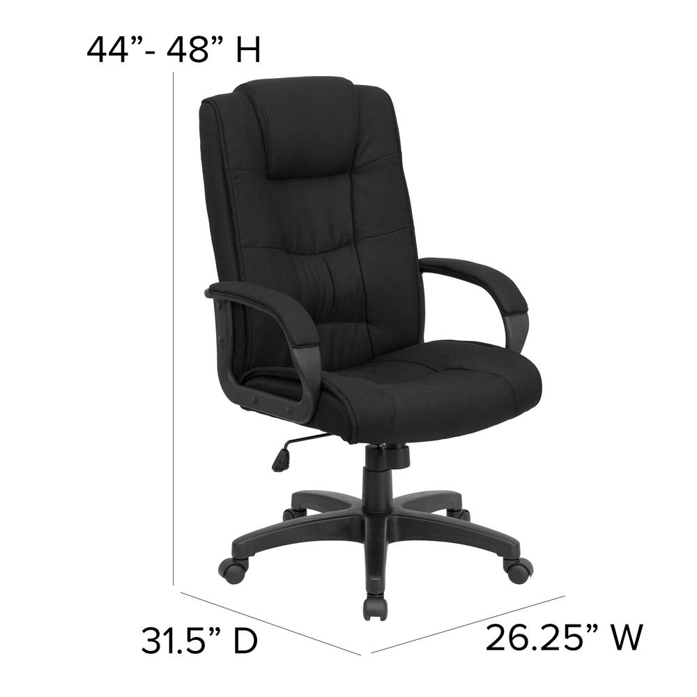 High Back Black Fabric Multi-Line Stitch Upholstered Executive Swivel Office Chair with Arms. Picture 2