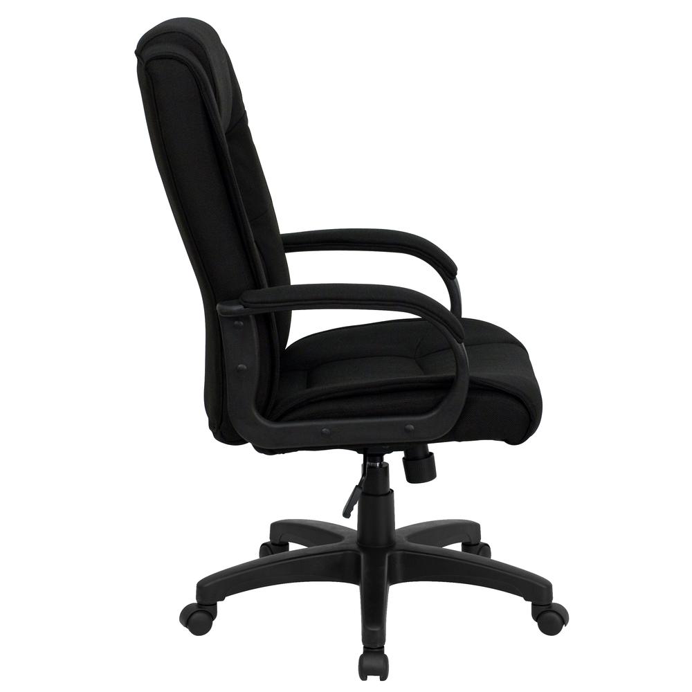 High Back Black Fabric Multi-Line Stitch Upholstered Executive Swivel Office Chair with Arms. Picture 3