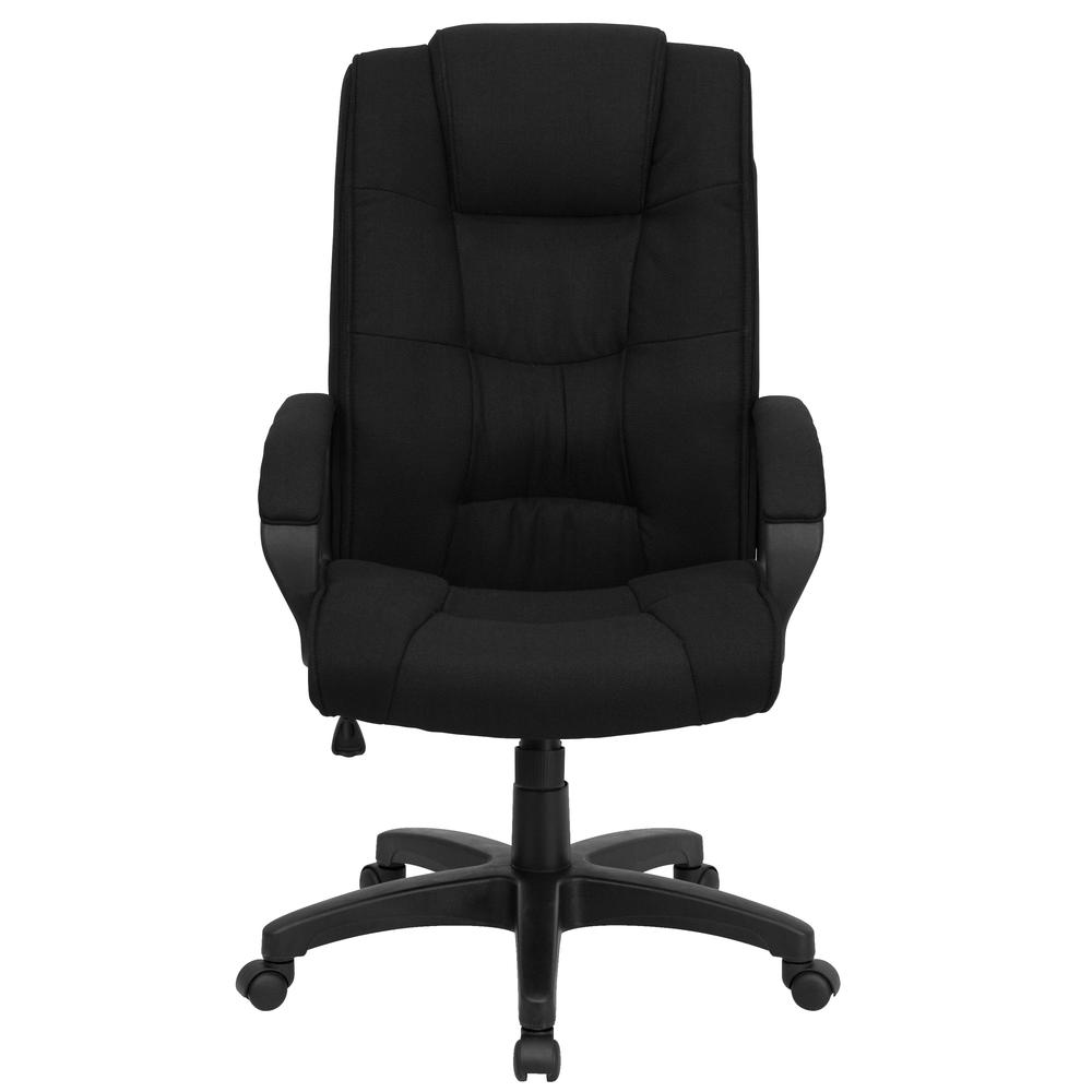 High Back Black Fabric Multi-Line Stitch Upholstered Executive Swivel Office Chair with Arms. Picture 5
