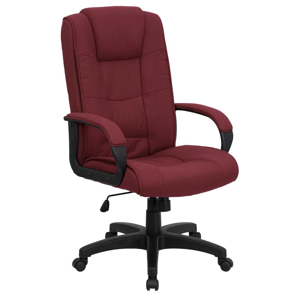 High Back Burgundy Fabric Multi-Line Stitch Upholstered Executive Swivel Office Chair with Arms. Picture 1