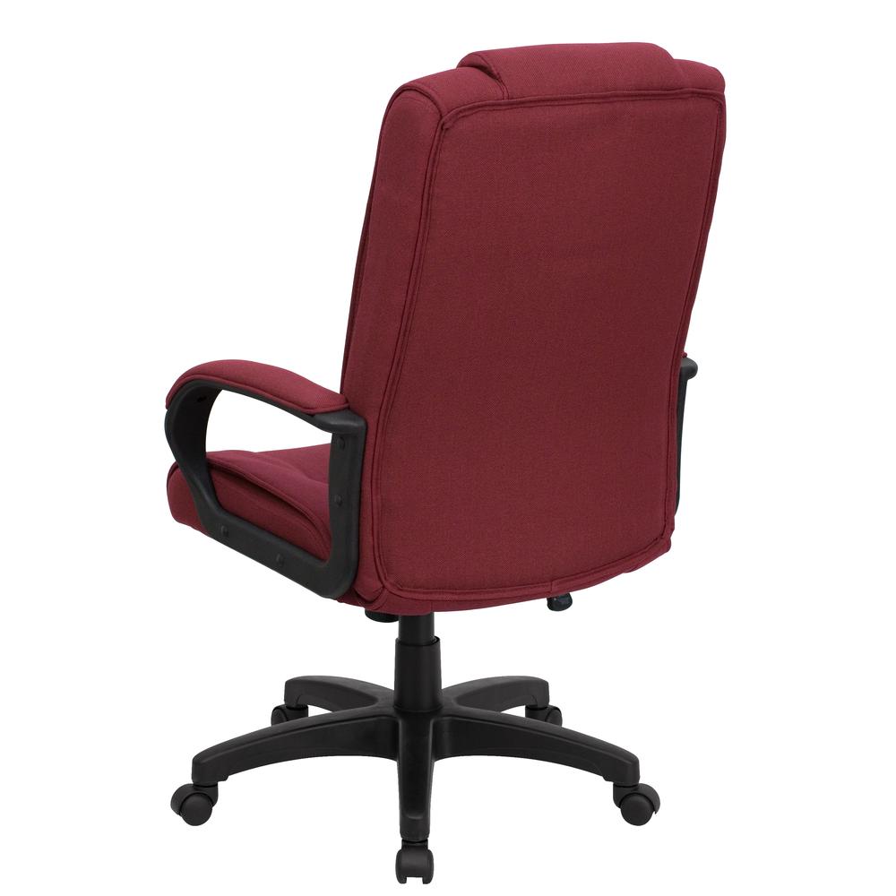 High Back Burgundy Fabric Multi-Line Stitch Upholstered Executive Swivel Office Chair with Arms. Picture 3