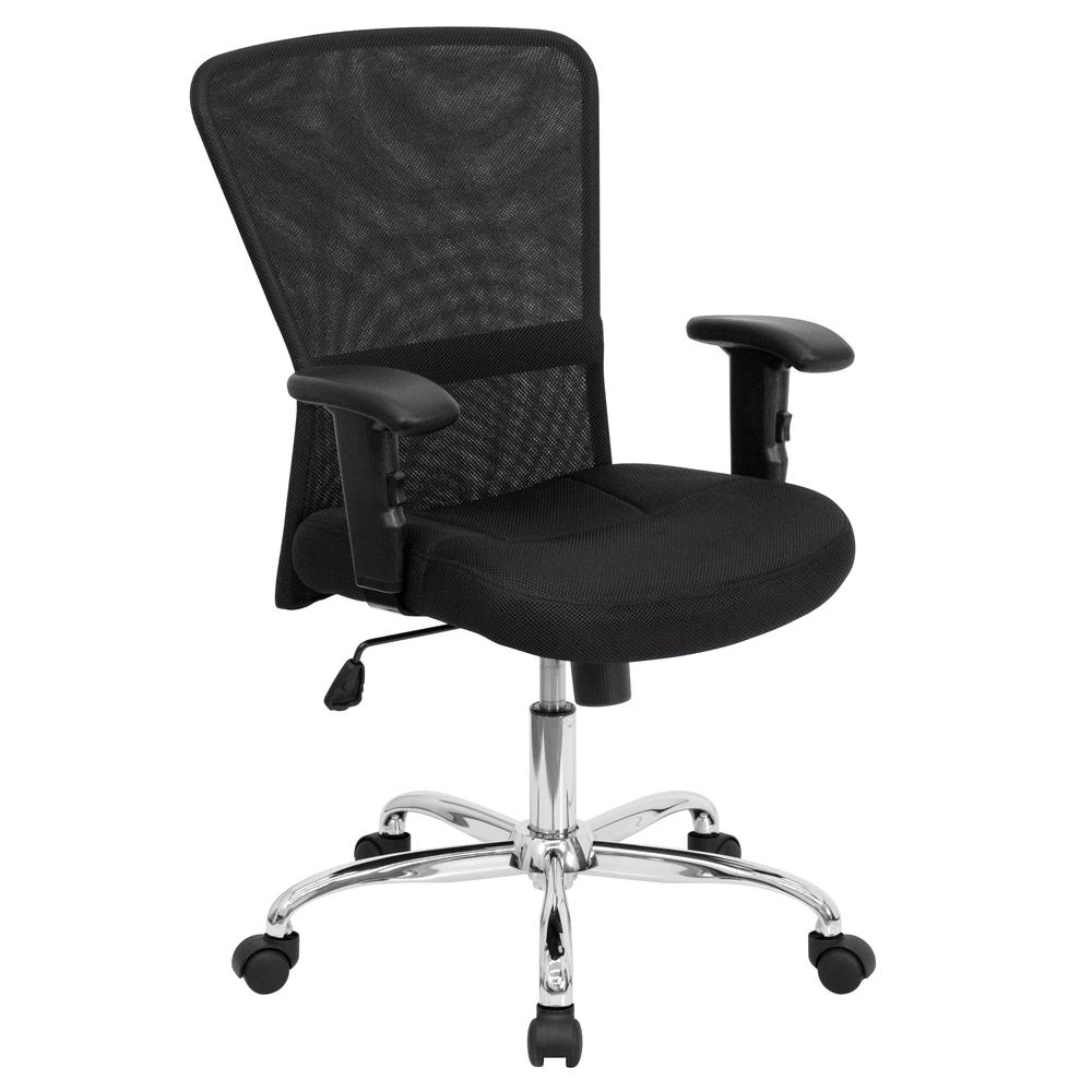 Mid-Back Black Mesh Contemporary Swivel Task Office Chair with Chrome Base and Adjustable Arms. Picture 1