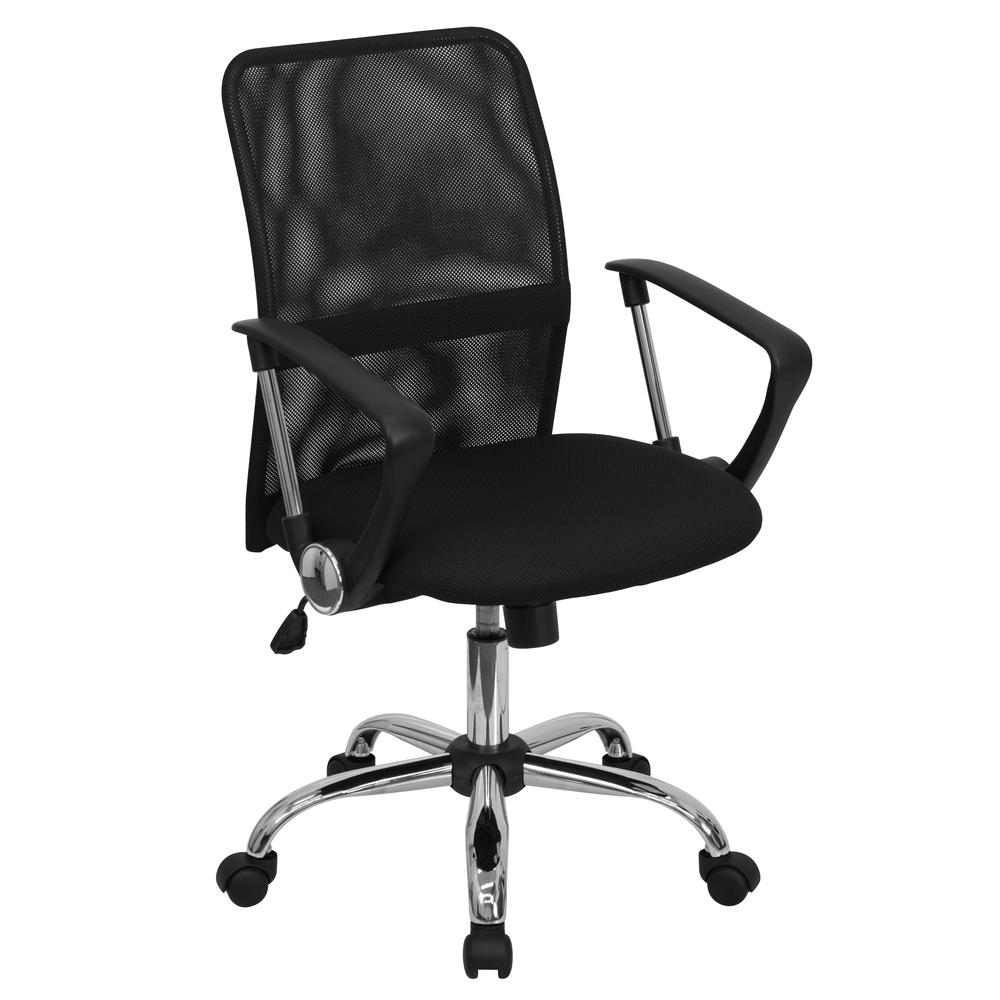 Mid-Back Black Mesh Swivel Task Office Chair with Lumbar Support Band and Arms. Picture 1
